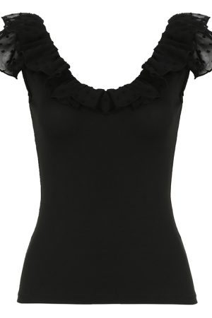 Romantic French Low-Neck Ruffled Backless Short Top for Women with Flutter Sleeves - Vacation Style Slim Fit Tank Top