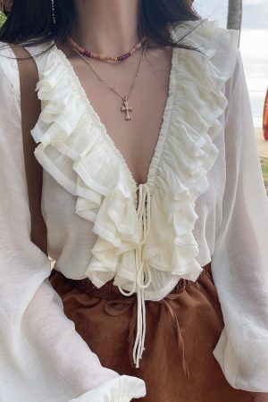 Romantic Multi-Layer Ruffled Tie-Sleeve Lantern Sleeve Fairy Vacation Shirt - Handmade Spring/Summer 2025 Fashion