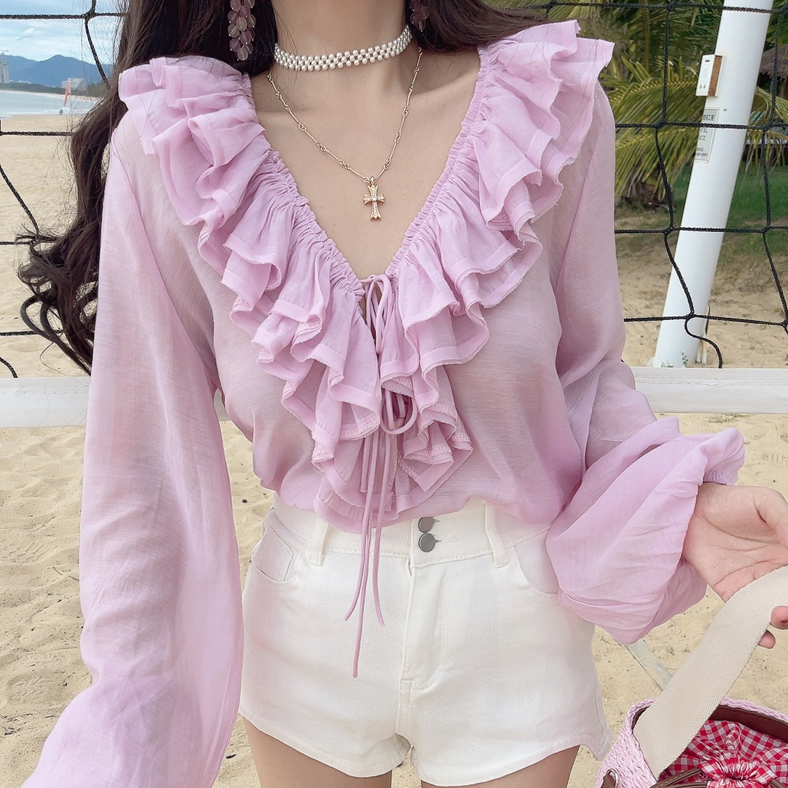 Romantic Multi-Layer Ruffled Tie-Sleeve Lantern Sleeve Fairy Vacation Shirt - Handmade Spring/Summer 2025 Fashion Romantic Multi-Layer Ruffled Tie-Sleeve Lantern Sleeve Fairy Vacation Shirt - Handmade Spring/Summer 2025 Fashion