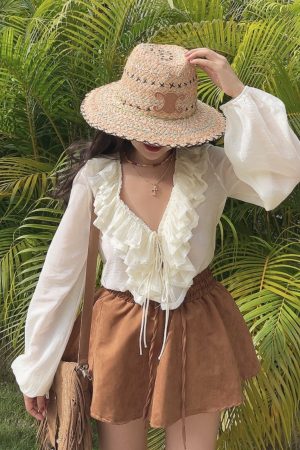 Romantic Multi-Layer Ruffled Tie-Sleeve Lantern Sleeve Fairy Vacation Shirt - Handmade Spring/Summer 2025 Fashion