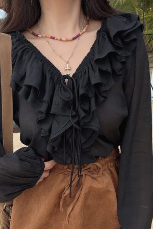 Romantic Multi-Layer Ruffled Tie-Sleeve Lantern Sleeve Fairy Vacation Shirt - Handmade Spring/Summer 2025 Fashion