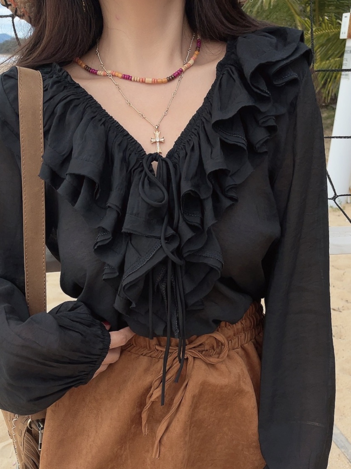 Romantic Multi-Layer Ruffled Tie-Sleeve Lantern Sleeve Fairy Vacation Shirt - Handmade Spring/Summer 2025 Fashion Romantic Multi-Layer Ruffled Tie-Sleeve Lantern Sleeve Fairy Vacation Shirt - Handmade Spring/Summer 2025 Fashion