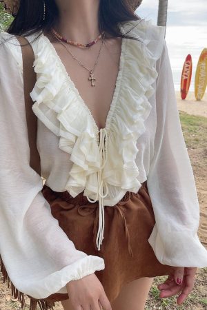 Romantic Multi-Layer Ruffled Tie-Sleeve Lantern Sleeve Fairy Vacation Shirt - Handmade Spring/Summer 2025 Fashion
