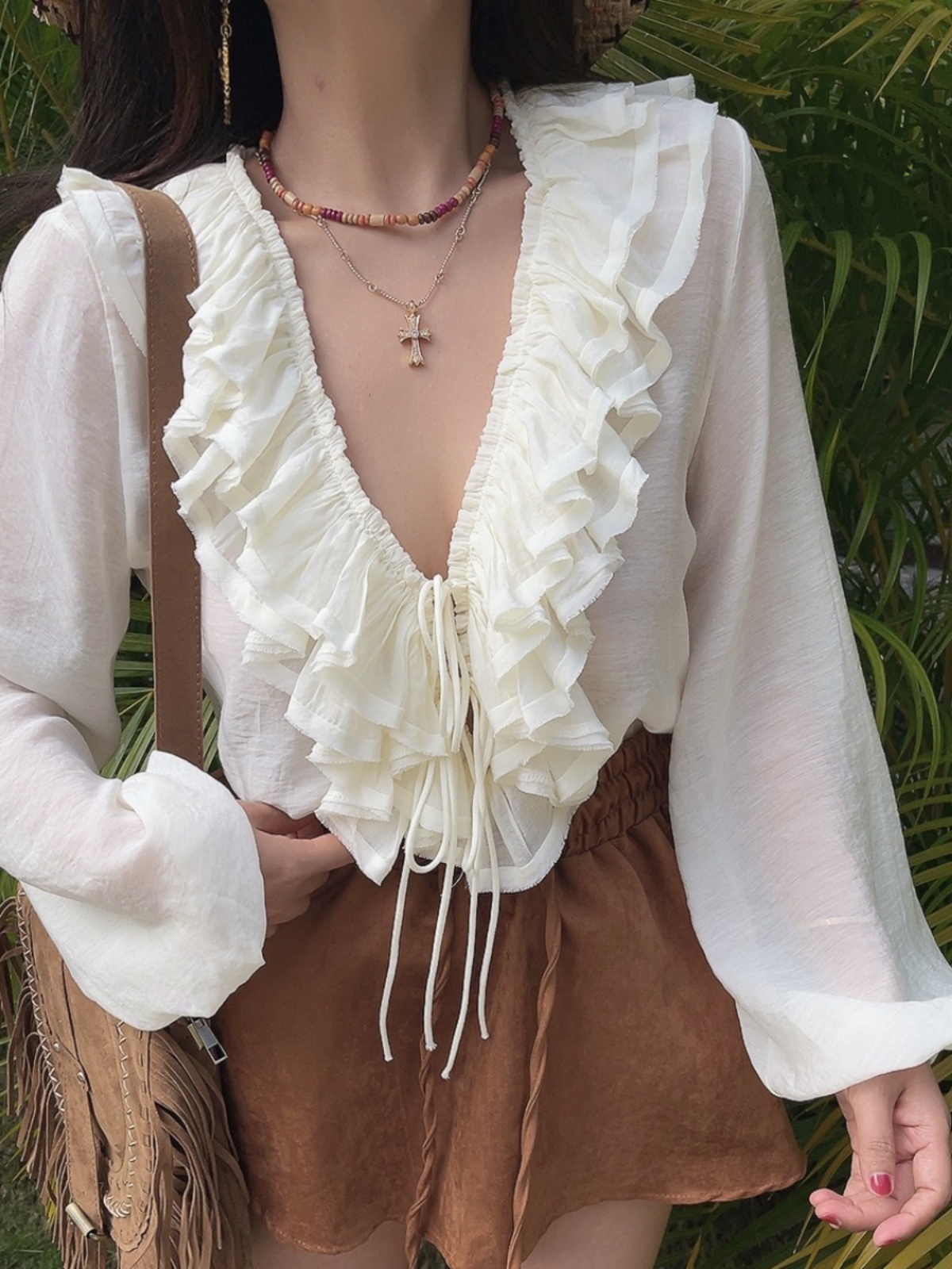 Romantic Multi-Layer Ruffled Tie-Sleeve Lantern Sleeve Fairy Vacation Shirt - Handmade Spring/Summer 2025 Fashion Romantic Multi-Layer Ruffled Tie-Sleeve Lantern Sleeve Fairy Vacation Shirt - Handmade Spring/Summer 2025 Fashion