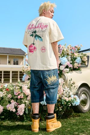 Rose Embroidery Heavyweight Short Sleeve T-Shirt - American Retro Loose Fit for Men and Women, 2025 Y2K Style