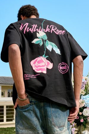 Rose Embroidery Heavyweight Short Sleeve T-Shirt - American Retro Loose Fit for Men and Women, 2025 Y2K Style