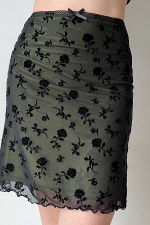 Rose Mesh Short Sleeve Top & Bodycon Skirt Two-Piece Set - Women's European American Style Fashion, Perfect for Y2K & 90s Vibes