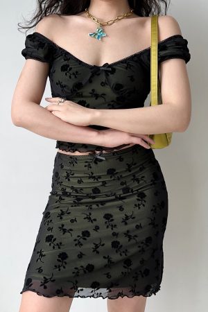 Rose Mesh Short Sleeve Top & Bodycon Skirt Two-Piece Set - Women's European American Style Fashion, Perfect for Y2K & 90s Vibes