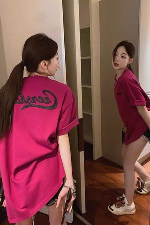 Rose Red Plus Size Loose Fit Cotton Short Sleeve T-Shirt for Women - Casual Mid-Length Top, Perfect for Everyday Wear