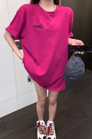 Rose Red Plus Size Loose Fit Cotton Short Sleeve T-Shirt for Women - Casual Mid-Length Top, Perfect for Everyday Wear