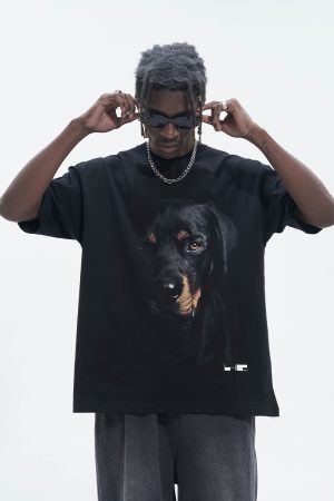Rottweiler Head Graphic Short Sleeve T-Shirt in Harshandcruel Street Style - Trendy Urban Fashion for 90s and Y2K Lovers