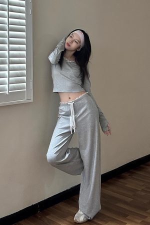 Round Neck Lace Long Sleeve Top & Straight Leg Trousers Slim Fit Set for Women - 2025 Spring Fashion, Elegant Style