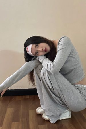 Round Neck Lace Long Sleeve Top & Straight Leg Trousers Slim Fit Set for Women - 2025 Spring Fashion, Elegant Style