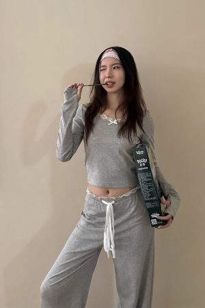 Round Neck Lace Long Sleeve Top & Straight Leg Trousers Slim Fit Set for Women - 2025 Spring Fashion, Elegant Style