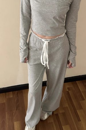 Round Neck Lace Long Sleeve Top & Straight Leg Trousers Slim Fit Set for Women - 2025 Spring Fashion, Elegant Style