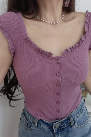 Ruffled Edge Crop Top for Women - Vintage American Style Elastic Short Sleeve T-Shirt - Spring/Summer 2024 Fashion