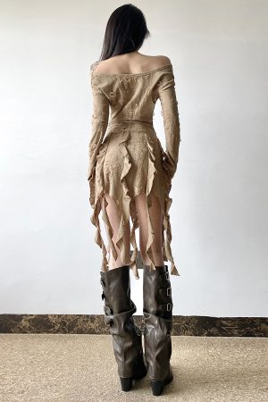 Ruffled Fringe Denim Skirt for Women, Distressed Light Wash Short Skirt, Off-Shoulder Dress, Y2K Style, Boho Chic Fashion