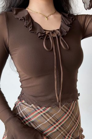 Ruffled Lace-Up Sheer Long Sleeve T-Shirt for Women â€“ European American Style Slim Fit Top, Perfect for Y2K and Casual Chic Looks