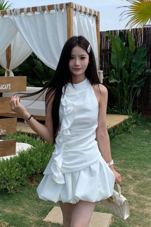 Ruffled Neck Hanging Neck Vest Top and Flower Bud Skirt Set for Women - Summer Sweet 90s Style Fashion Outfit