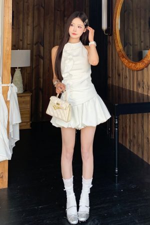 Ruffled Neck Hanging Neck Vest Top and Flower Bud Skirt Set for Women - Summer Sweet 90s Style Fashion Outfit