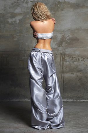 Satin Pleated Woven Pants for Women - Casual Loose Slimming Dark Silver Street Style Long Dance Pants - Trendy Y2K Fashion