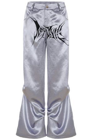 Satin Pleated Woven Pants for Women - Casual Loose Slimming Dark Silver Street Style Long Dance Pants - Trendy Y2K Fashion