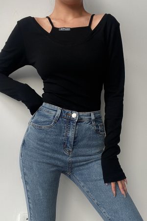 Sexy Big Round Neck Solid Color Spliced Fake Two-Piece Long Sleeve T-Shirt - Slim Fit Early Spring Style