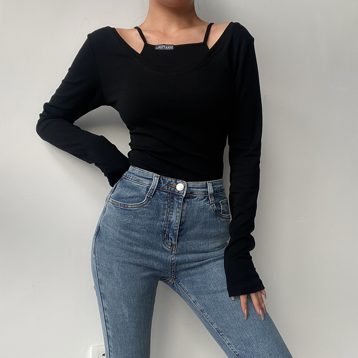 Sexy Big Round Neck Solid Color Spliced Fake Two-Piece Long Sleeve T-Shirt - Slim Fit Early Spring Style Sexy Big Round Neck Solid Color Spliced Fake Two-Piece Long Sleeve T-Shirt - Slim Fit Early Spring Style