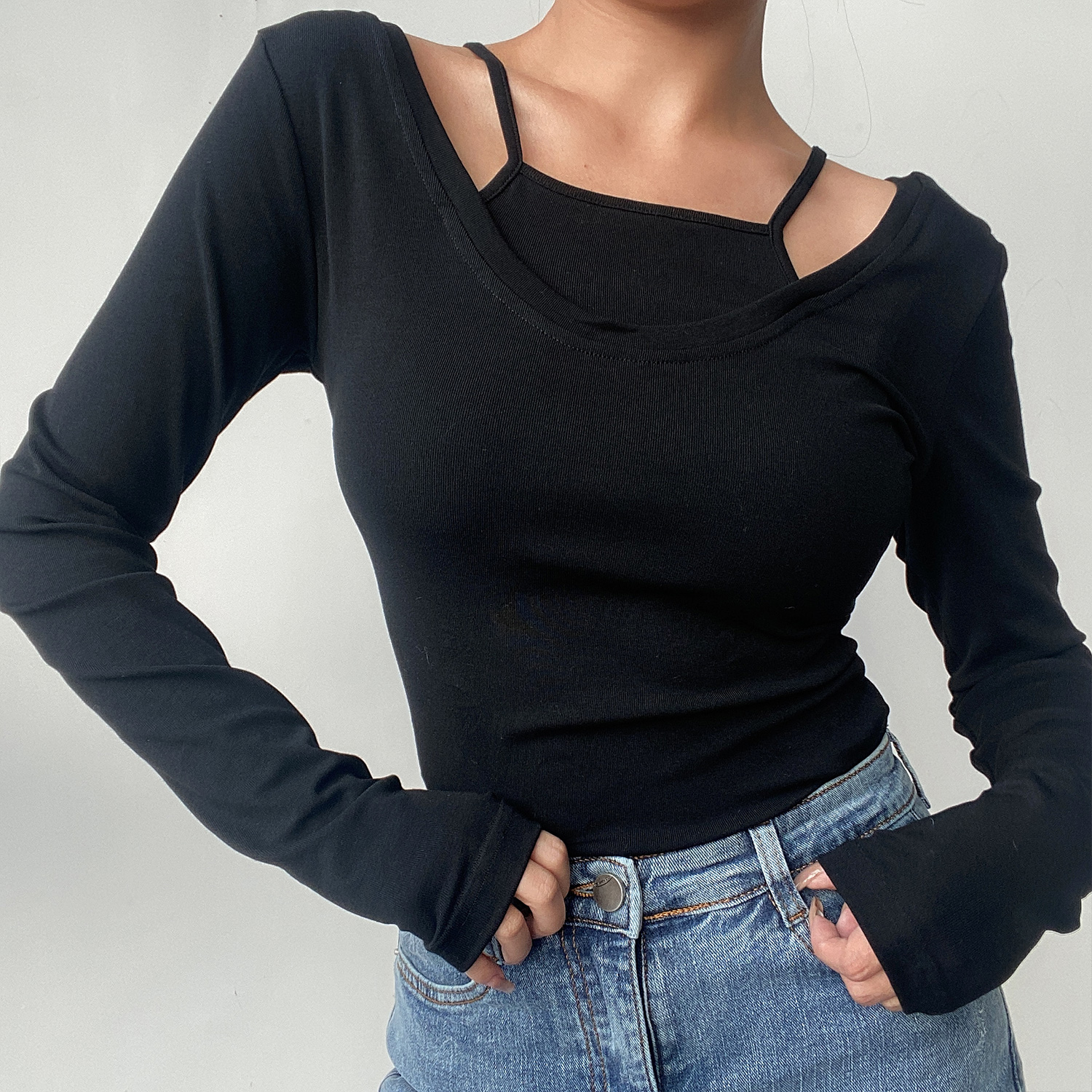 Sexy Big Round Neck Solid Color Spliced Fake Two-Piece Long Sleeve T-Shirt - Slim Fit Early Spring Style Sexy Big Round Neck Solid Color Spliced Fake Two-Piece Long Sleeve T-Shirt - Slim Fit Early Spring Style