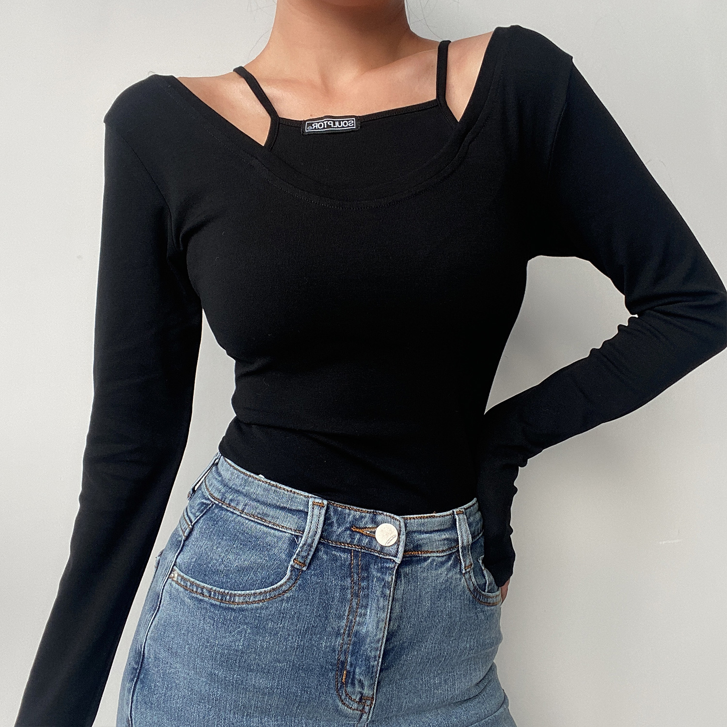 Sexy Big Round Neck Solid Color Spliced Fake Two-Piece Long Sleeve T-Shirt - Slim Fit Early Spring Style Sexy Big Round Neck Solid Color Spliced Fake Two-Piece Long Sleeve T-Shirt - Slim Fit Early Spring Style