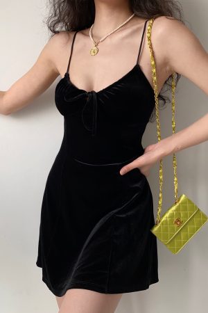 Sexy Black Velvet Lace-Up Camisole Dress for Women - A-Line Short Skirt, European American Style, Y2K Fashion