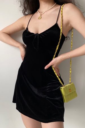 Sexy Black Velvet Lace-Up Camisole Dress for Women - A-Line Short Skirt, European American Style, Y2K Fashion