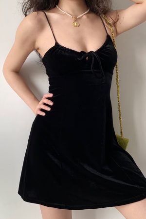 Sexy Black Velvet Lace-Up Camisole Dress for Women - A-Line Short Skirt, European American Style, Y2K Fashion