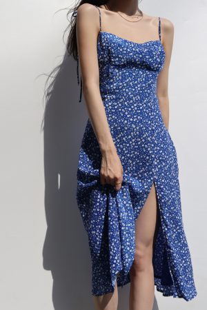 Sexy Blue Floral Lace-Up Dress - French Style V-Neck, Waist-Cinching, Slimming Side Slit, Spaghetti Strap Vacation Beach Dress