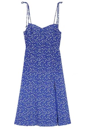Sexy Blue Floral Lace-Up Dress - French Style V-Neck, Waist-Cinching, Slimming Side Slit, Spaghetti Strap Vacation Beach Dress
