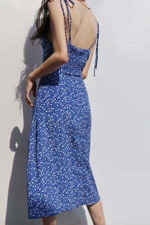 Sexy Blue Floral Lace-Up Dress - French Style V-Neck, Waist-Cinching, Slimming Side Slit, Spaghetti Strap Vacation Beach Dress