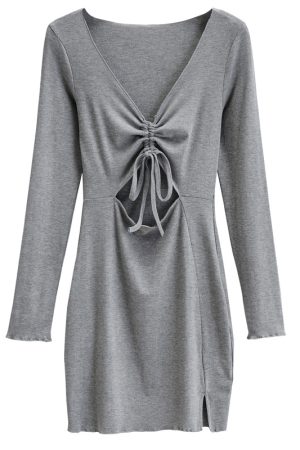 Sexy Deep V-Neck Hollow Drawstring Solid Color Waist-Cinching Slim-Fit Long Sleeve Bodycon Split Dress - European and American Style