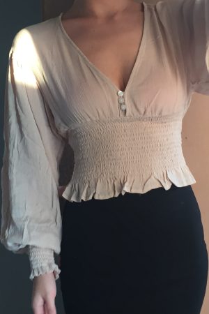 Sexy Deep V Retro Lantern Sleeve Button-Up Shirt Top with Elastic Waist - European American Style Fashion