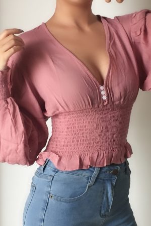 Sexy Deep V Retro Lantern Sleeve Button-Up Shirt Top with Elastic Waist - European American Style Fashion