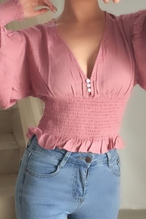 Sexy Deep V Retro Lantern Sleeve Button-Up Shirt Top with Elastic Waist - European American Style Fashion