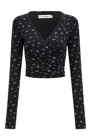 Sexy Floral Tie Cross V-Neck Long Sleeve T-Shirt for Women - European & American Style Slim Fit Short Top, Perfect for Y2K & Casual Wear