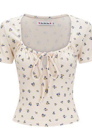 Sexy Floral Tie Short Sleeve Women's Summer T-Shirt - Big U-Neck, High-Waist, European & American Style, Perfect for Y2K Looks