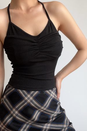 Sexy Halter Neck V-Neck High-Waisted Ribbed Camisole - Slim Fit Solid Color Top for European and American Style