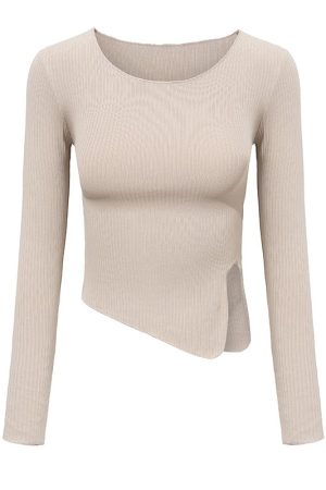 Sexy High-Waisted Irregular Hem Long Sleeve T-Shirt with One-Sided Slit - European & American Style Fashion Top