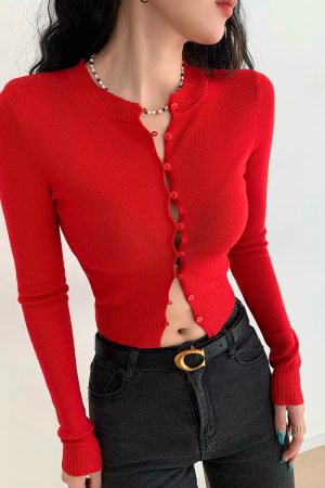 Sexy Hollow Out Slim Fit Knitted Cardigan Sweater for Women - European American Style Round Neck Top, Y2K Fashion Essential