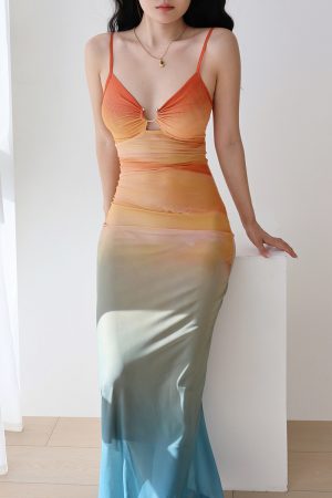 Sexy Hot Girl Mesh Printed Spaghetti Strap Dress - Vintage European American Style, Floor-Length Holiday Maxi Dress