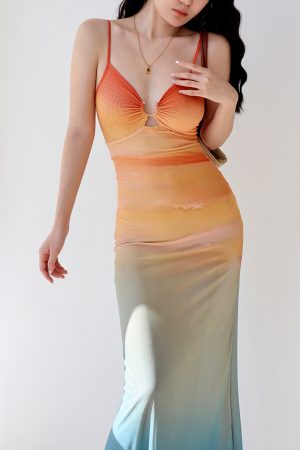 Sexy Hot Girl Mesh Printed Spaghetti Strap Dress - Vintage European American Style, Floor-Length Holiday Maxi Dress
