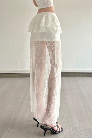 Sexy Lace Spliced Tulle Ruffle Ribbon Half Skirt - Niche Design Long Skirt for 90s and Y2K Fashion Lovers