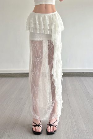 Sexy Lace Spliced Tulle Ruffle Ribbon Half Skirt - Niche Design Long Skirt for 90s and Y2K Fashion Lovers