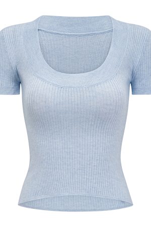 Sexy Low-Neck Short Sleeve Knitted Crop Top for Women - Slim Fit European American Style T-Shirt, Flattering Fashion Essential